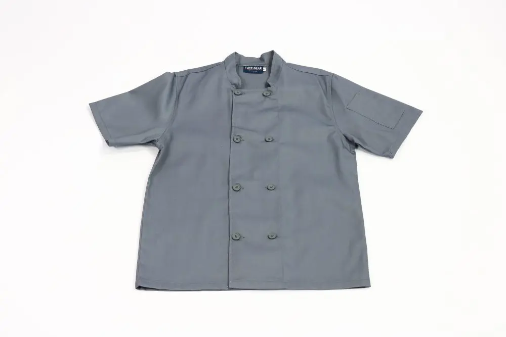 Man Wearing Grey Short Sleeve Button Front Chef Jacket