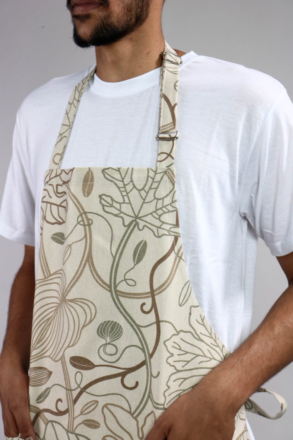 Man Wearing Beige Flower Kitchen Aprons