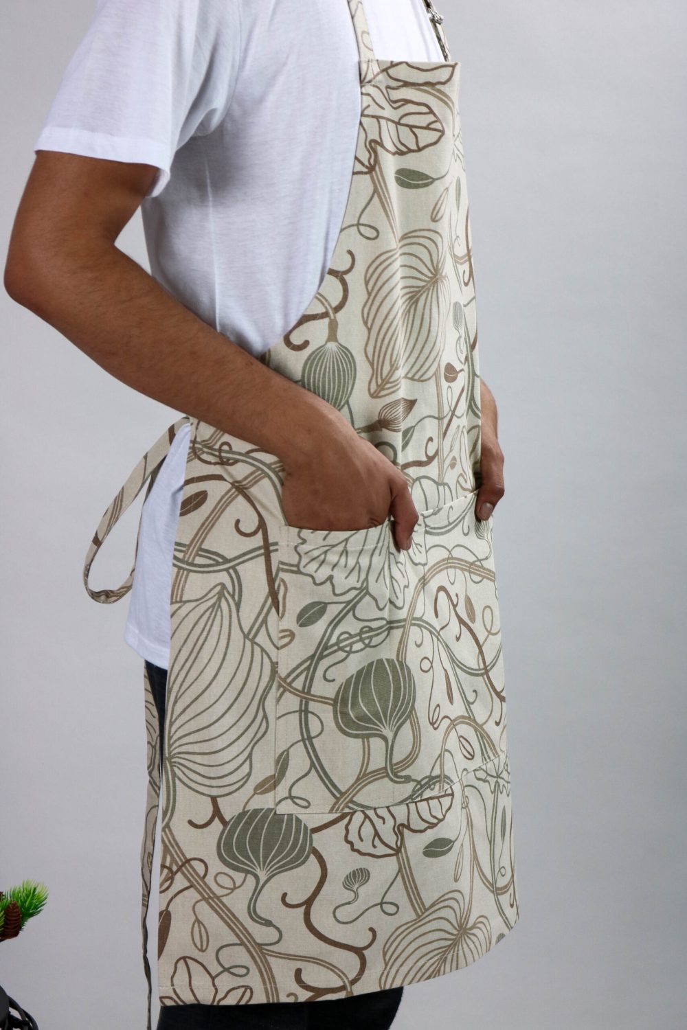 Man Wearing Kitchen Aprons Beige Flower Side View