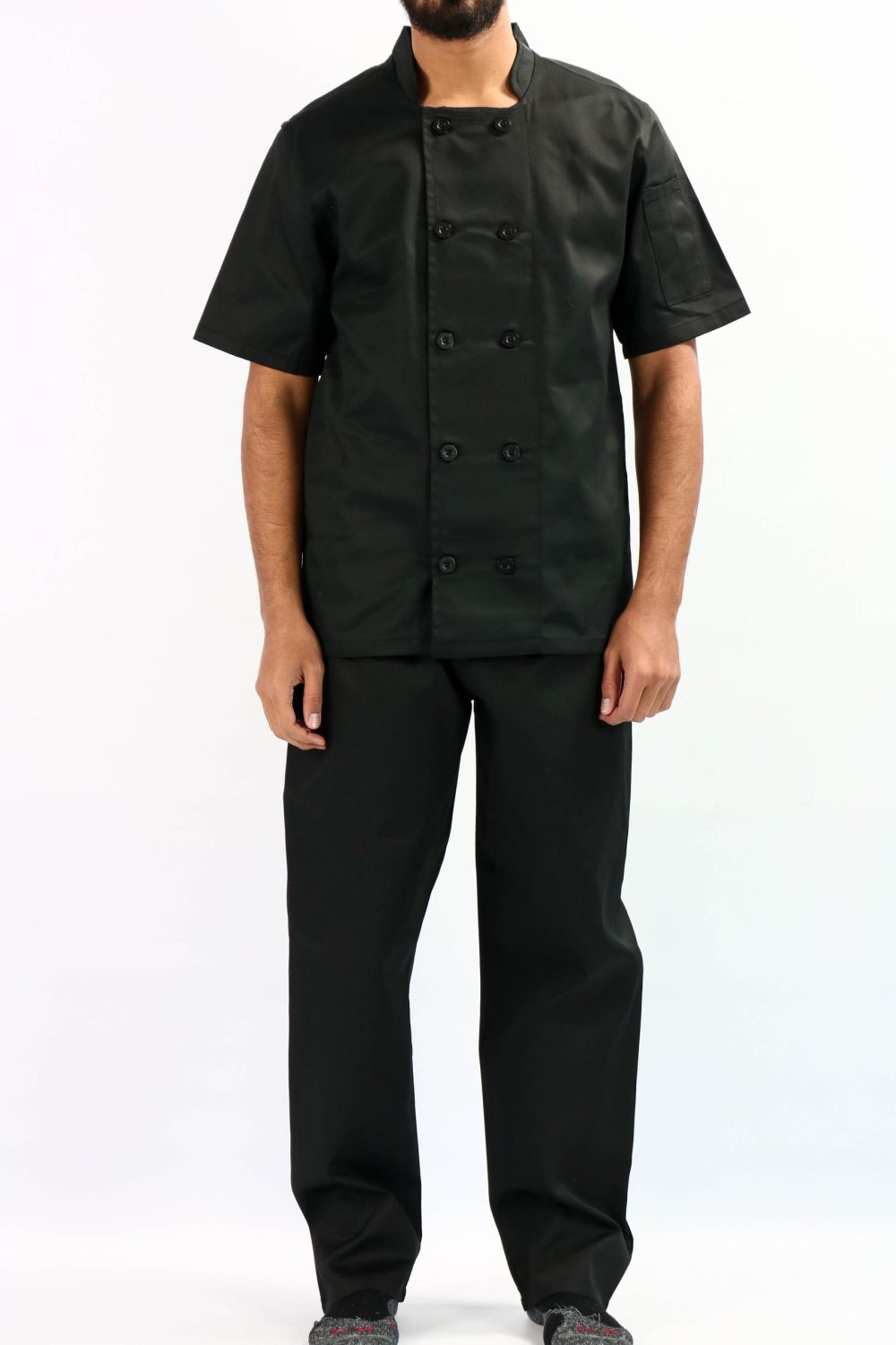 Man Wearing Black Short Sleeve Button Front Chef Jacket